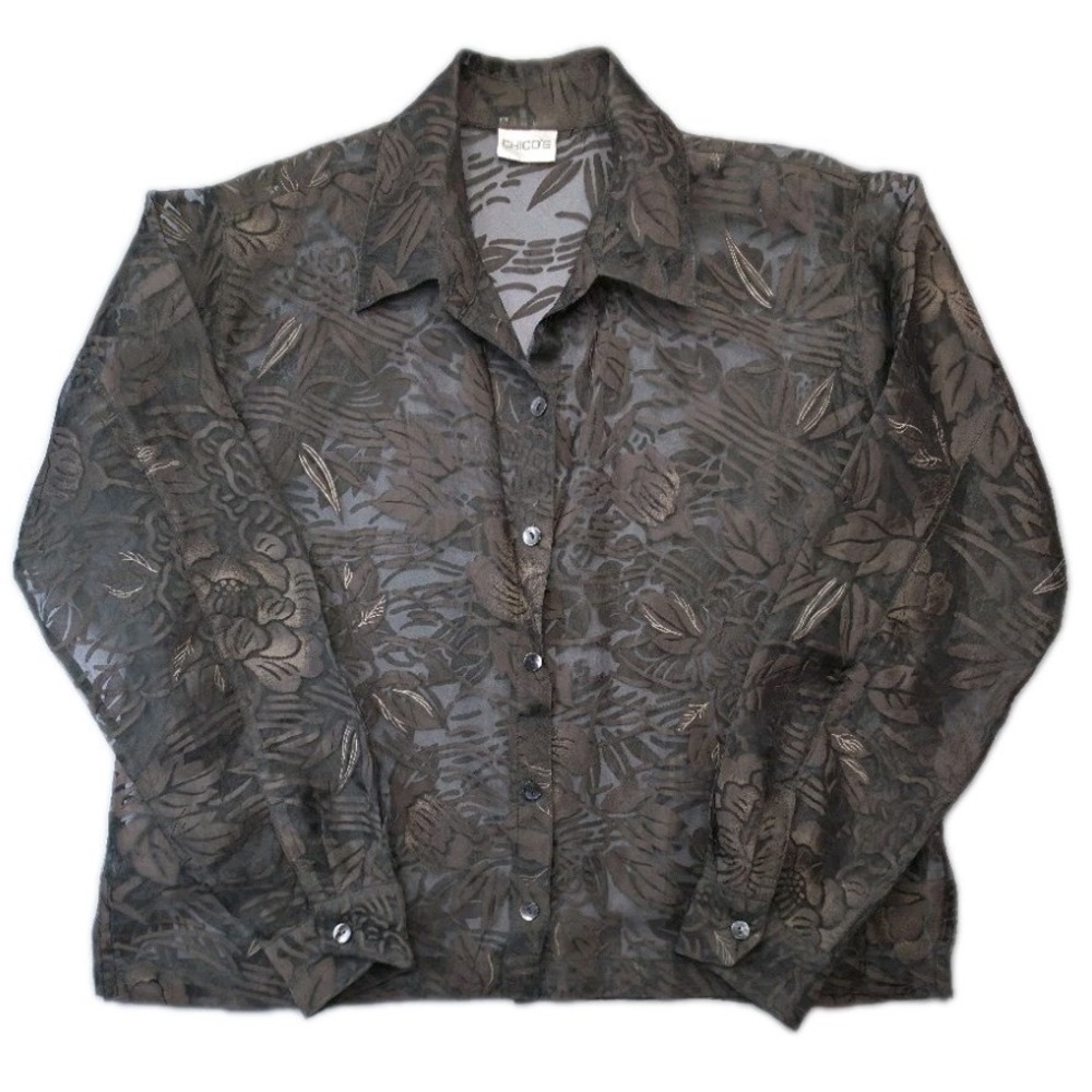 Chico's‎ Women's Sheer Burnout Floral Button Down Blouse Long Sleeve Size 2